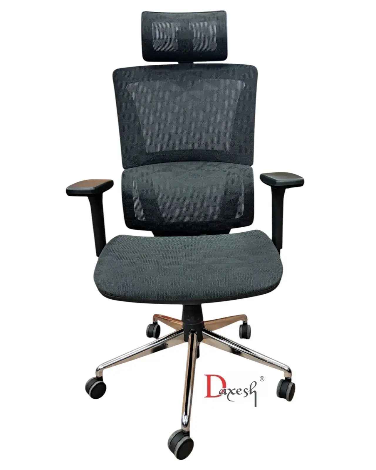 "Front view of ergonomic office chair with breathable mesh seat and back."