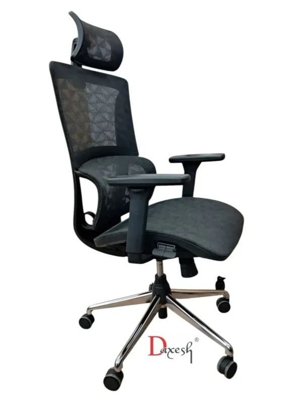 "Side profile of office chair showing handy switch for up down and recline adjustments."