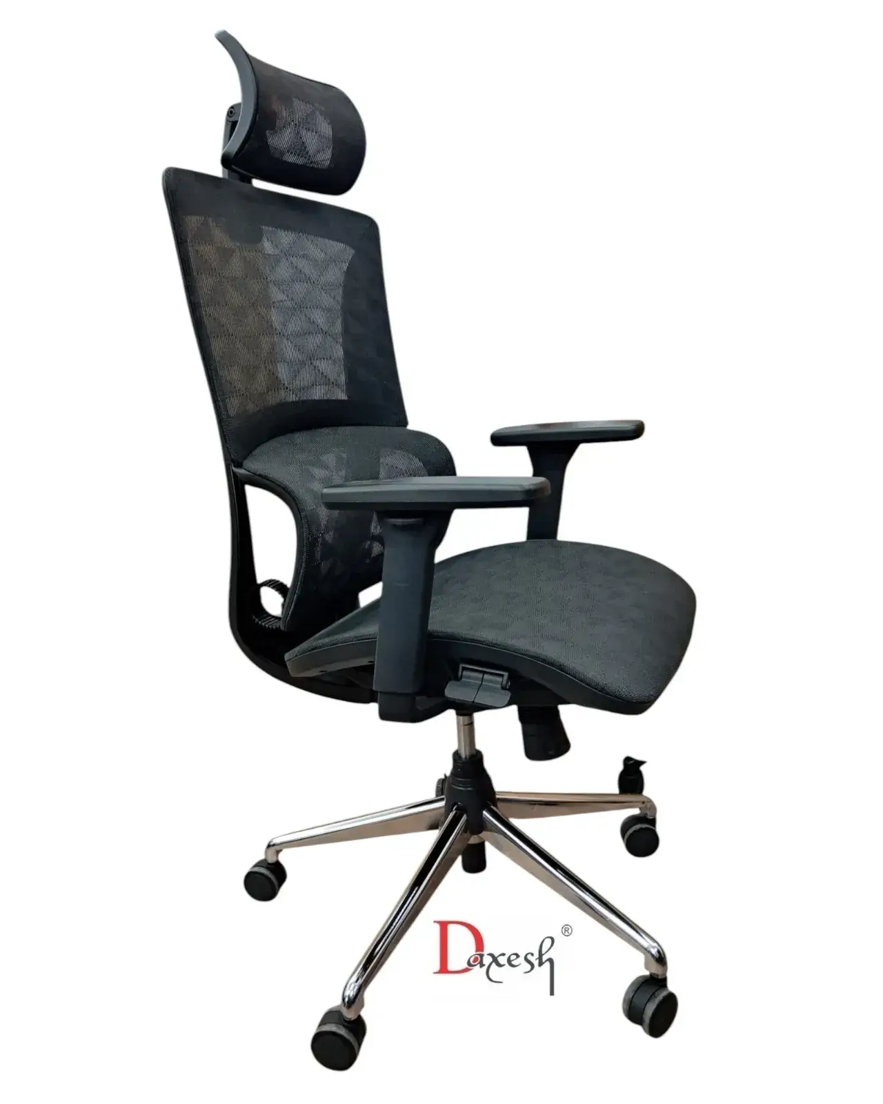 "Side profile of office chair showing handy switch for up down and recline adjustments."