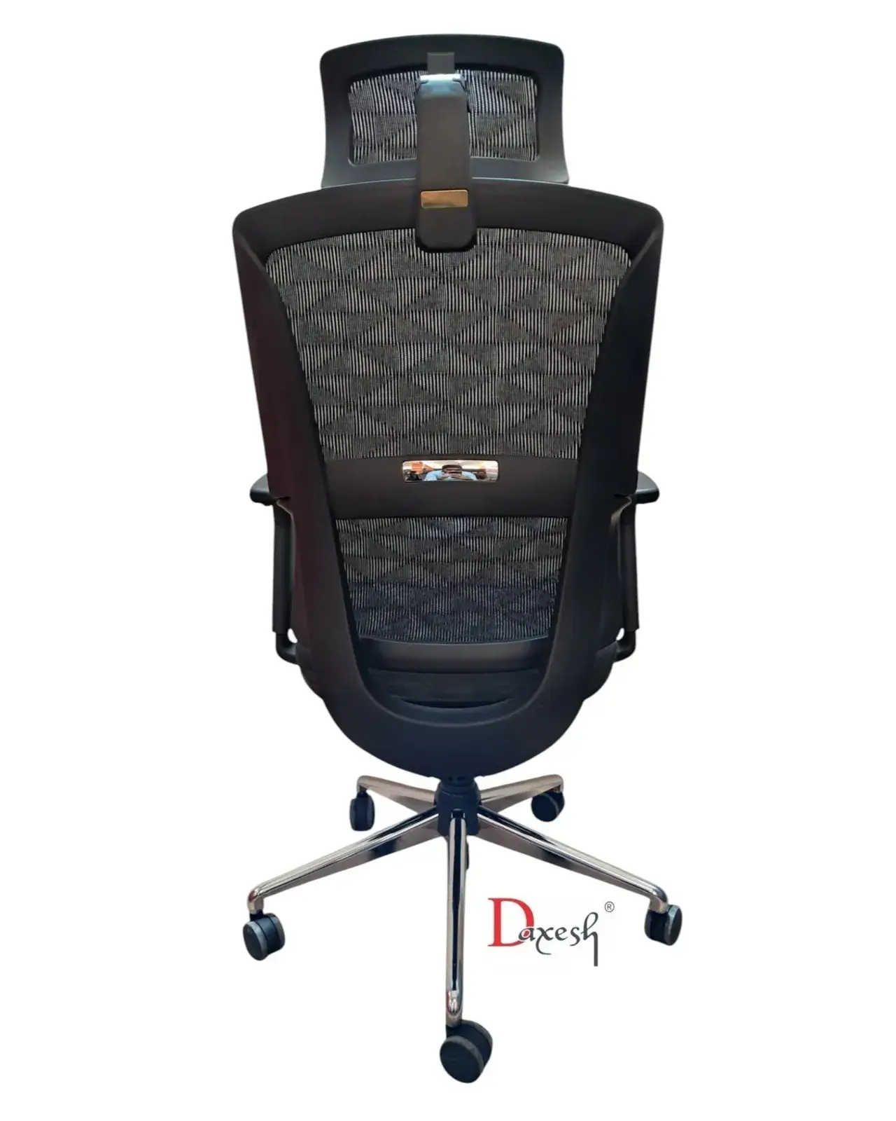 "Back view of ergonomic office chair with breathable mesh back."