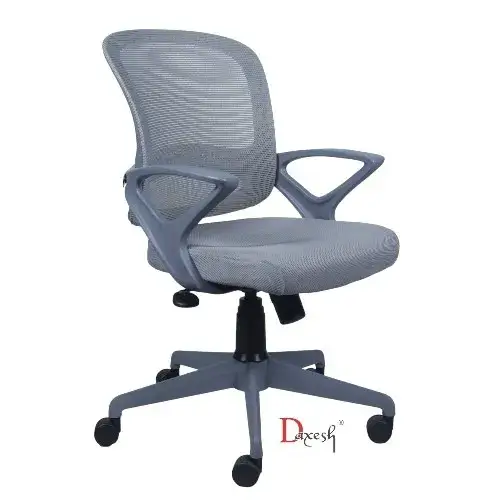"Side view of grey workstation chair."