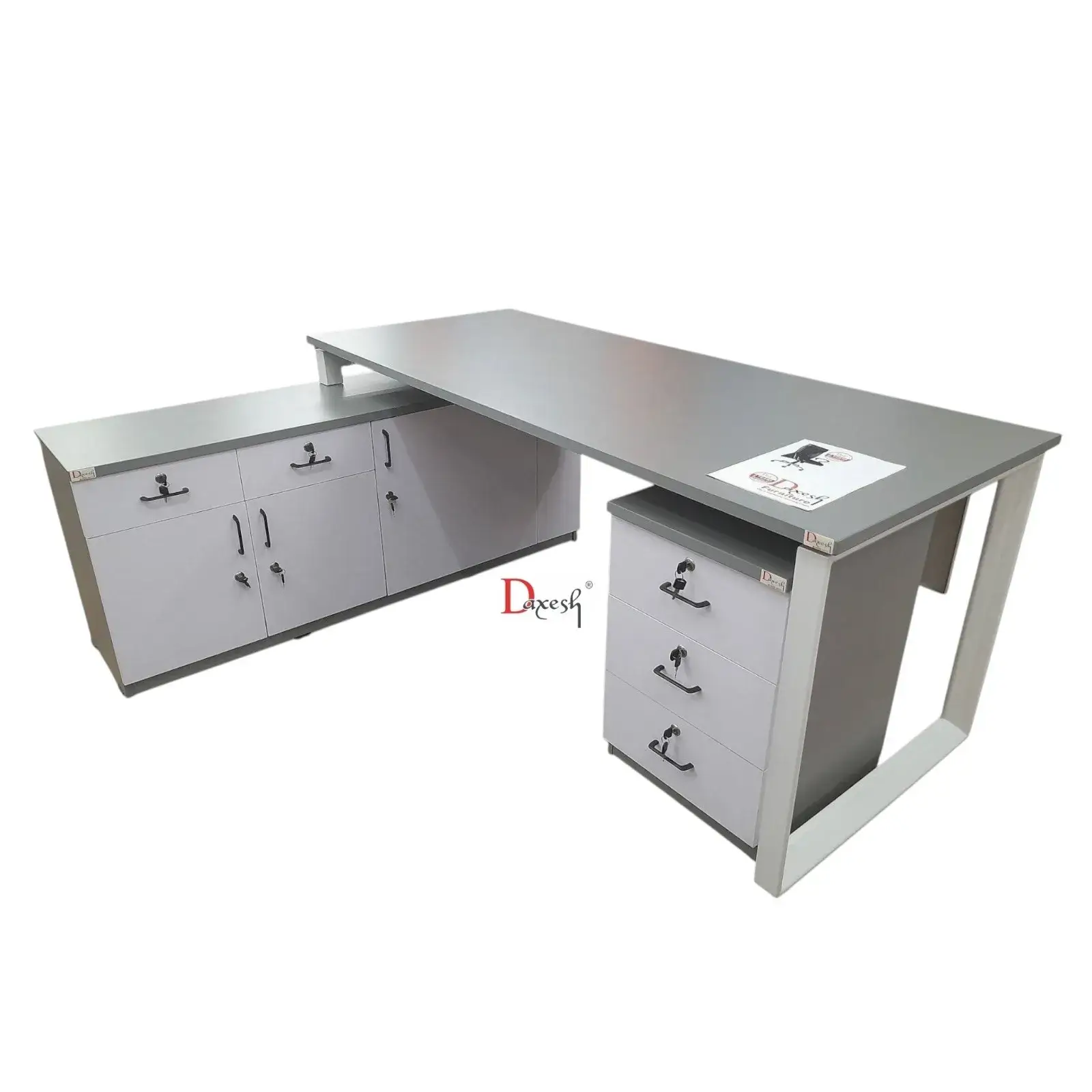 "Side view of metal leg l shape executive table."