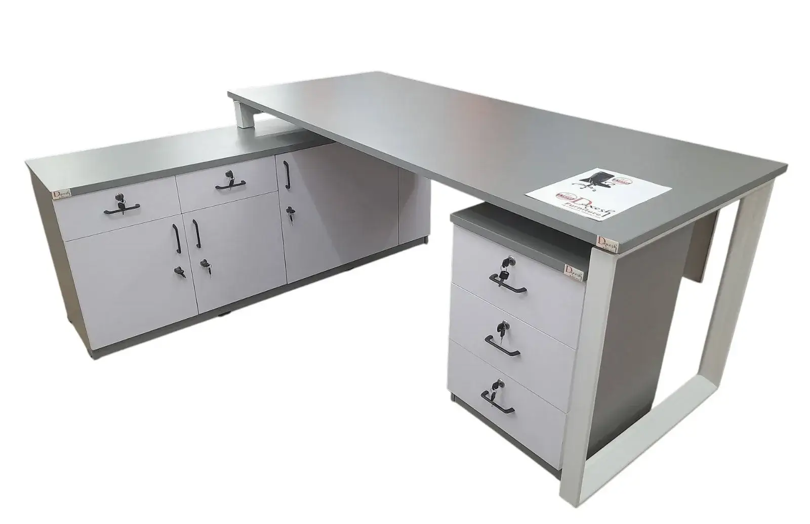 "Close view of metal leg executive office table."