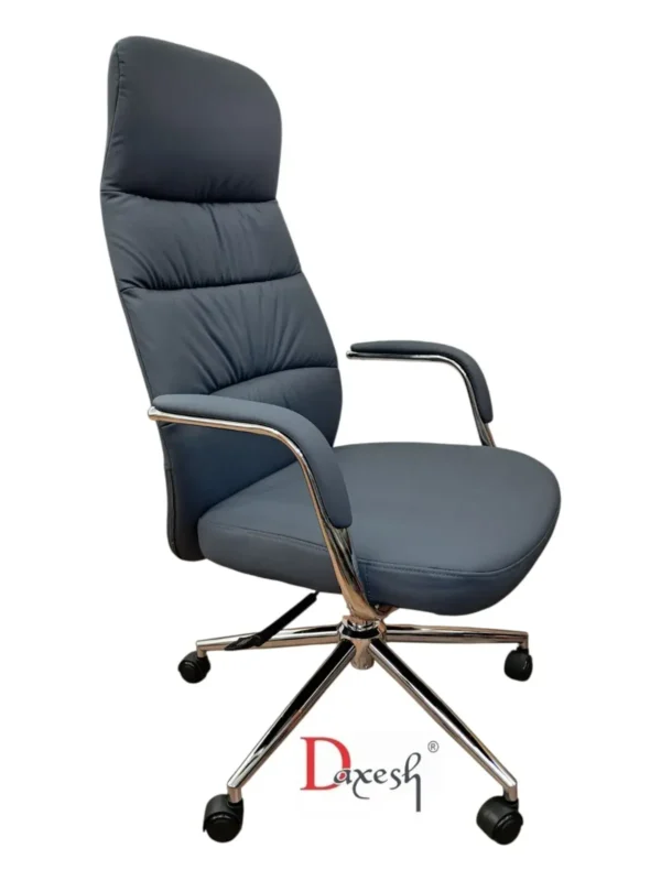 "Side view of blue office chair."
