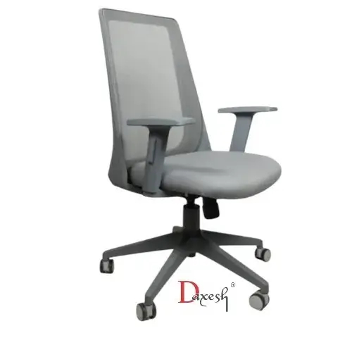 "Side view of workstation chair in grey."