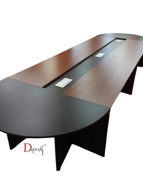 "Arial view of oval shaped conference table."